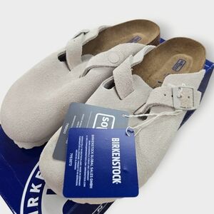 NIB BIRKENSTOCK Boston Soft Footbed Suede Leather Womens Size 5 Antq White *READ